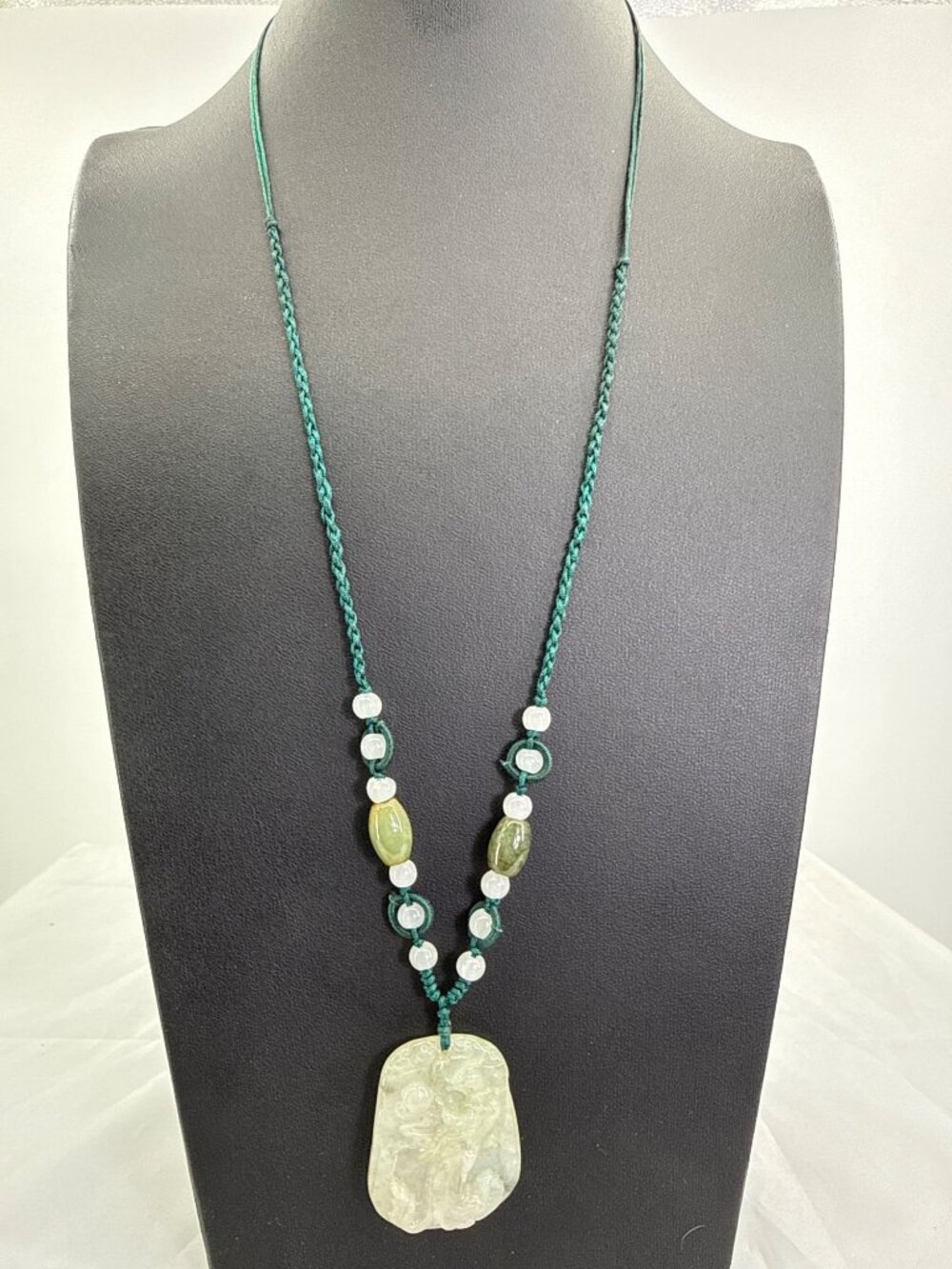 Vintage Hand Carved Sage Green Jade Pendant Necklace Woven Macrame Cord 90s Boho